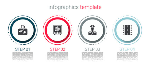 Set Suitcase, Radar with targets on monitor, Pilot and Airport runway. Business infographic template. Vector