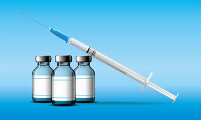 Vaccine bottles with clean label and syringe on blue background