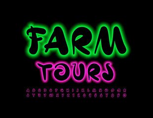 Vector bright logo Farm Tours. Artistic style Font. Neon glowing Alphabet Letters and Numbers set