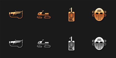 Set Biathlon rifle, Snowmobile, Identification badge and Hockey mask icon. Vector