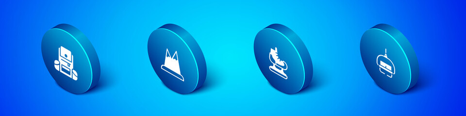 Set Isometric Hiking backpack, Skates, Ski lift and Mountains icon. Vector
