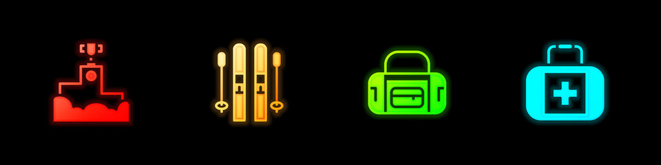 Set Award winner podium, Ski and sticks, Sport bag and First aid kit icon. Vector