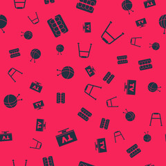 Set Smart Tv, False jaw, Yarn ball with knitting needles and Walker on seamless pattern. Vector