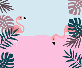 Summer with flamingo and tropical leaves background, Vector illustration