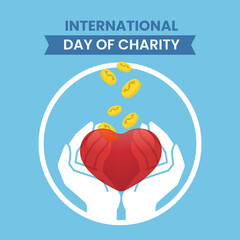 Donation in the international day of charity. Hands holding red heart, health care, love, Vector illustration