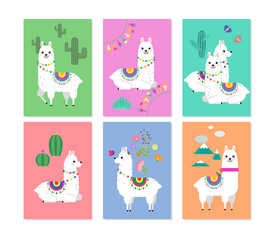 Cute llamas, alpacas and cactus  illustrations for nursery design, poster, greeting, birthday card, baby shower design and party decor