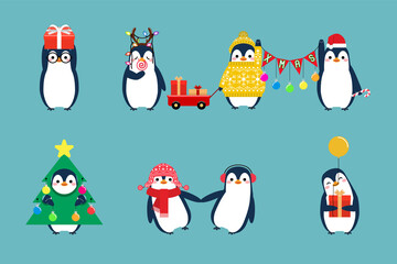 Christmas penguin characters. Penguins cartoon vector illustration. 