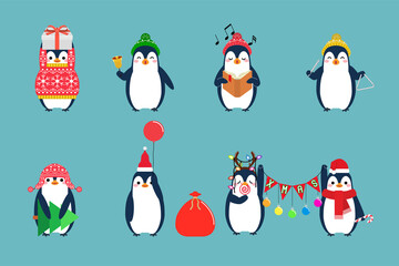 Christmas penguin characters. Penguins cartoon vector illustration. 