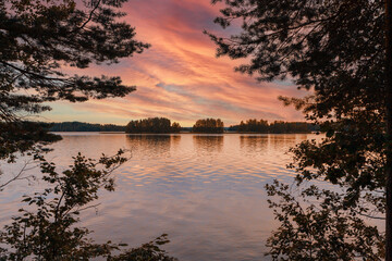 Fototapeta na wymiar Beautiful view of the lake with islands in the evening at a magical sunset through the silhouettes of trees