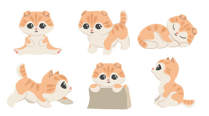 Cartoon kawaii ginger striped kitten set. Different emotions. Sitting, sleeping, playing cat. Cute domestic animal collection. Vector illustrations isolated on white background.