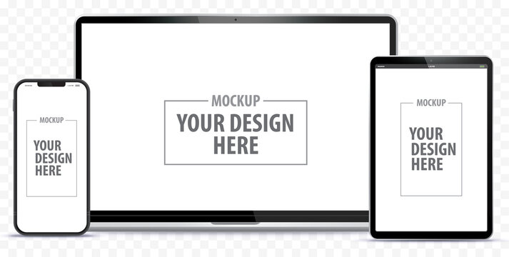 Laptop Computer, Mobile Phone and Tablet PC Mockup. Digital devices screen template vector illustration with transparent background.
