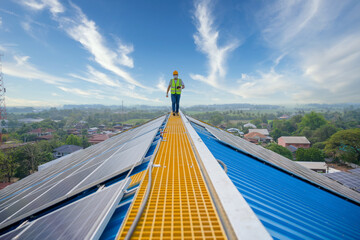 Young electrical engineer Work in a photovoltaic power plant Checking solar panel quality And...