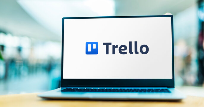 Laptop computer displaying logo of Trello