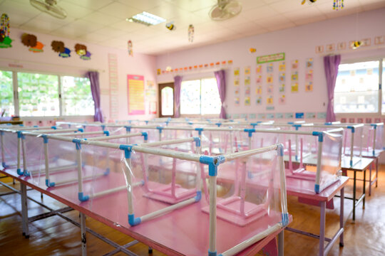 Pictures of kindergarten classrooms Empty no students Waiting for the opening of the term again Prevent the spread of COVID 19
