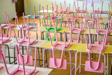 Pictures of kindergarten classrooms Empty no students Waiting for the opening of the term again Prevent the spread of COVID 19