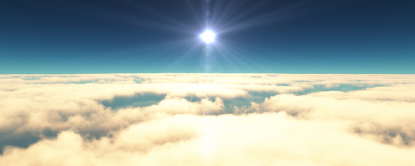 fly above clouds sunset landscape 3d render