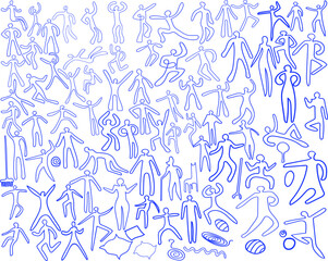 Silhouettes of people in motion. Blue on a white background. For icons and symbols.