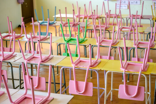 Pictures of kindergarten classrooms Empty no students Waiting for the opening of the term again Prevent the spread of COVID 19