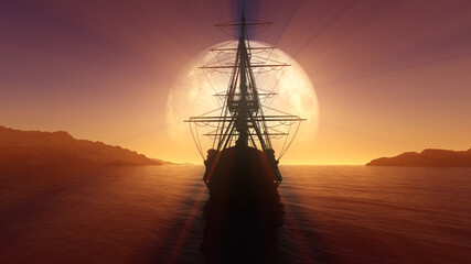 Fototapeta premium old ship in sea full moon illustration