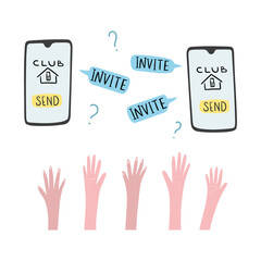 Popular social network with online audio chatting. Can use club after invite. People want to receive an invitation and pull hand. Concept Vector illustration