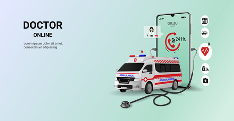Doctor online on smartphone app with ambulance . Online medical clinic, tele medicine. Online healthcare and medical consultation. Digital health concept. 3D vector © Nostagrams