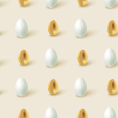 Seamless Easter background with white and golden egg. Flat lay repeating festive background for greeting cards and web banners.