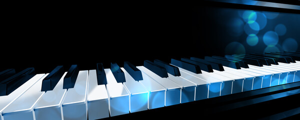 Klaviertastatur Banner mit blauen Bokehl Elementen als Hintergrund