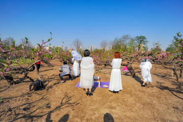 Fototapeta premium Several middle-aged women enjoy tea in Taoyuan, chat and play guzheng, erhu and flute