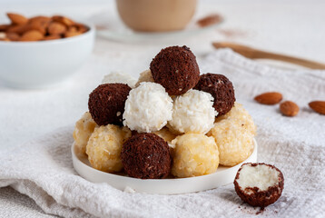 Sweet balls of organic farm goat cheese close up