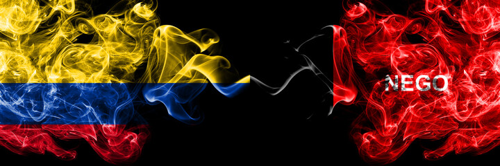 Colombia, Colombian vs Brazil, Brazilian, Paraiba smoky mystic flags placed side by side. Thick colored silky abstract smokes flags.