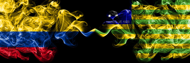 Colombia, Colombian vs Brazil, Brazilian, Piaui smoky mystic flags placed side by side. Thick colored silky abstract smokes flags.