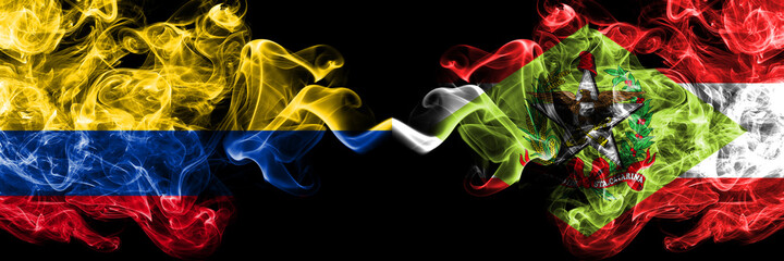 Colombia, Colombian vs Brazil, Brazilian, Santa Catarina smoky mystic flags placed side by side. Thick colored silky abstract smokes flags.