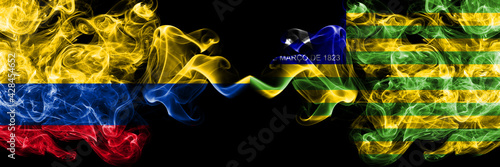 Colombia, Colombian vs Brazil, Brazilian, Piaui smoky mystic flags placed side by side. Thick colored silky abstract smokes flags.