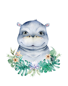 Cute hippo amazed face mascot design watercolor isolated cartoon illustration with leaves frame © Anna Terleeva