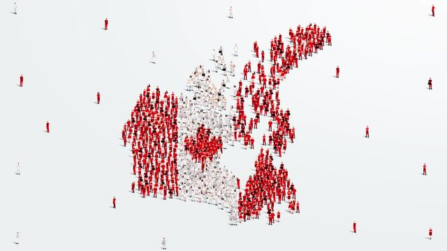 Canada Map and Flag. A large group of people in Canadian flag color form to create the map. 4K Video Animation.