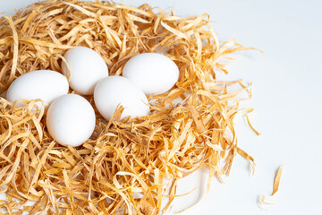 white chicken eggs lie in a nest of wood shavings on a white background