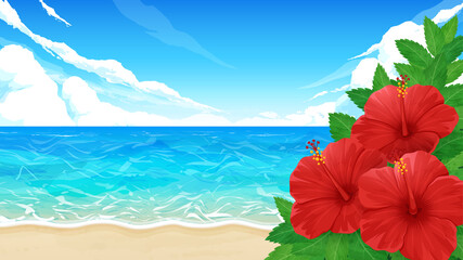 ハイビスカスの花と海の風景の背景イラスト_ビーチ_16:9