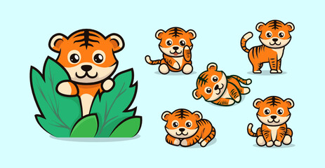 Cute baby tiger mascot design with various pose vector template