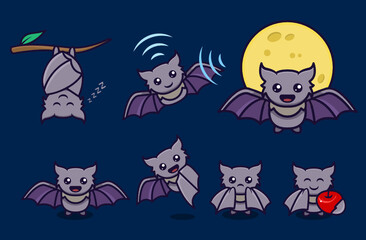 Set of cute kawaii baby bat at night with various pose 
