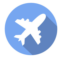 White airplane icon on a blue background. Flat style. Plane logo, travel concept. Vector illustration