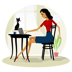 Young woman works on laptop from home. The girl at the computer sits. Vector illustration.