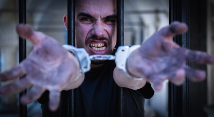 Portrait of upset handcuffed man smoking a cigarette imprisoned for crime, punished for serious...
