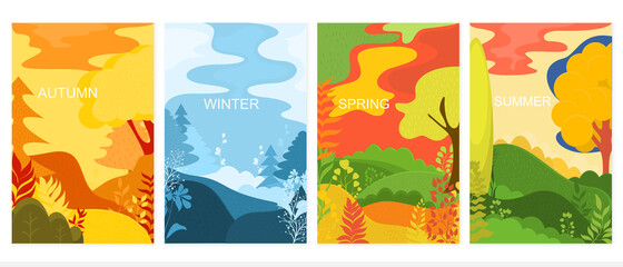 Set of vector posters with seasons and plants on different backgrounds.