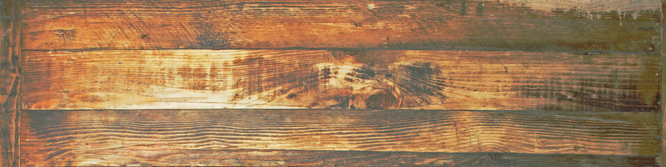 Fototapeta na wymiar Vintage, beautiful, rustic wood as a panorama, full of character, scuffs, real grain, & knots - for design, backgrounds, headers & banners.