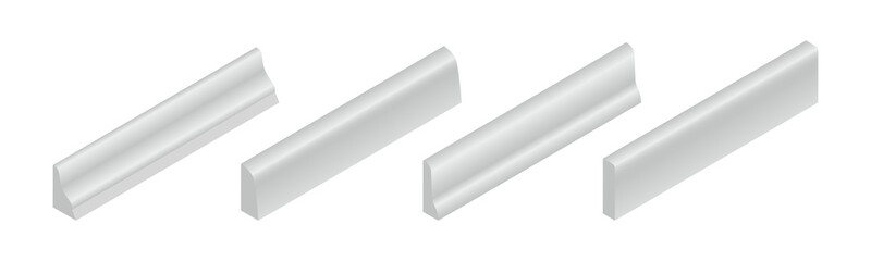 Vector illustration different shapes skirting boards for wall or floor isolated on white background. Set of realistic white baseboard icons in flat cartoon style. Isometric plastic or wood moldings.