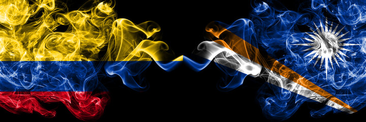 Colombia, Colombian vs Marshall Islands smoky mystic flags placed side by side. Thick colored silky...