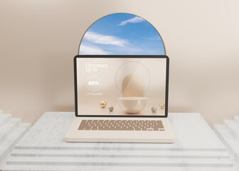 3D rendering surreal platform laptop mockup display pastel 