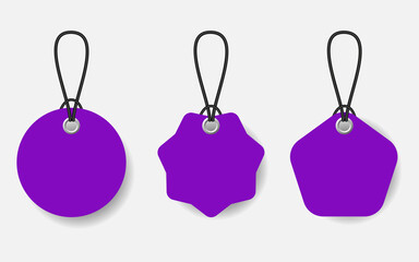 Set of violet price tags with black lace on white background