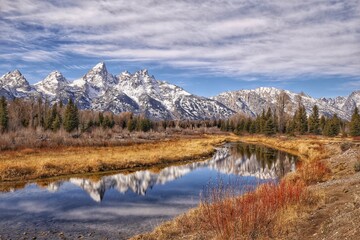 reflection of beautiful landscape view of Grand Teton mountain at Schwabacher Landing Moose in Grand Teton National Park which is located in Wyoming State, USA