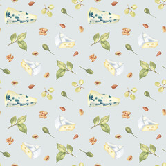 Blue cheese, bay leaf, grapes, walnuts, almond nuts, pistachio and capers on pastel gray background. Seamless pattern, watercolor hand drawn elements. Farmhouse, cottagecore styles.